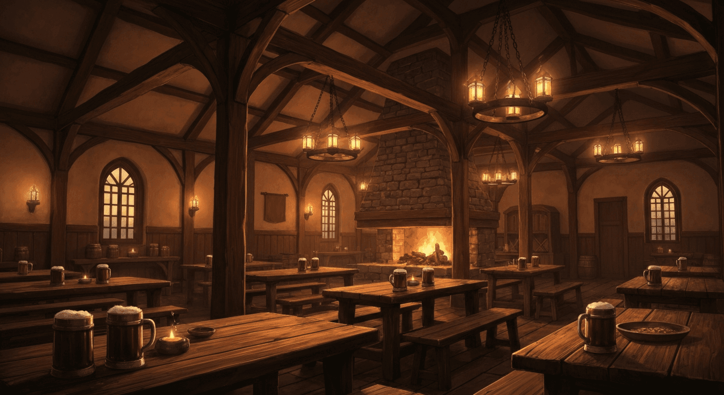 A lantern-lit tavern common room with a stone hearth