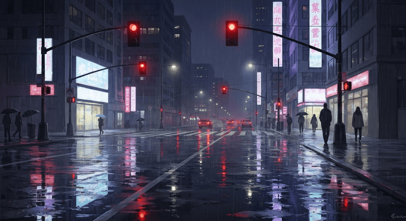 A detective on a rain-soaked city street at night